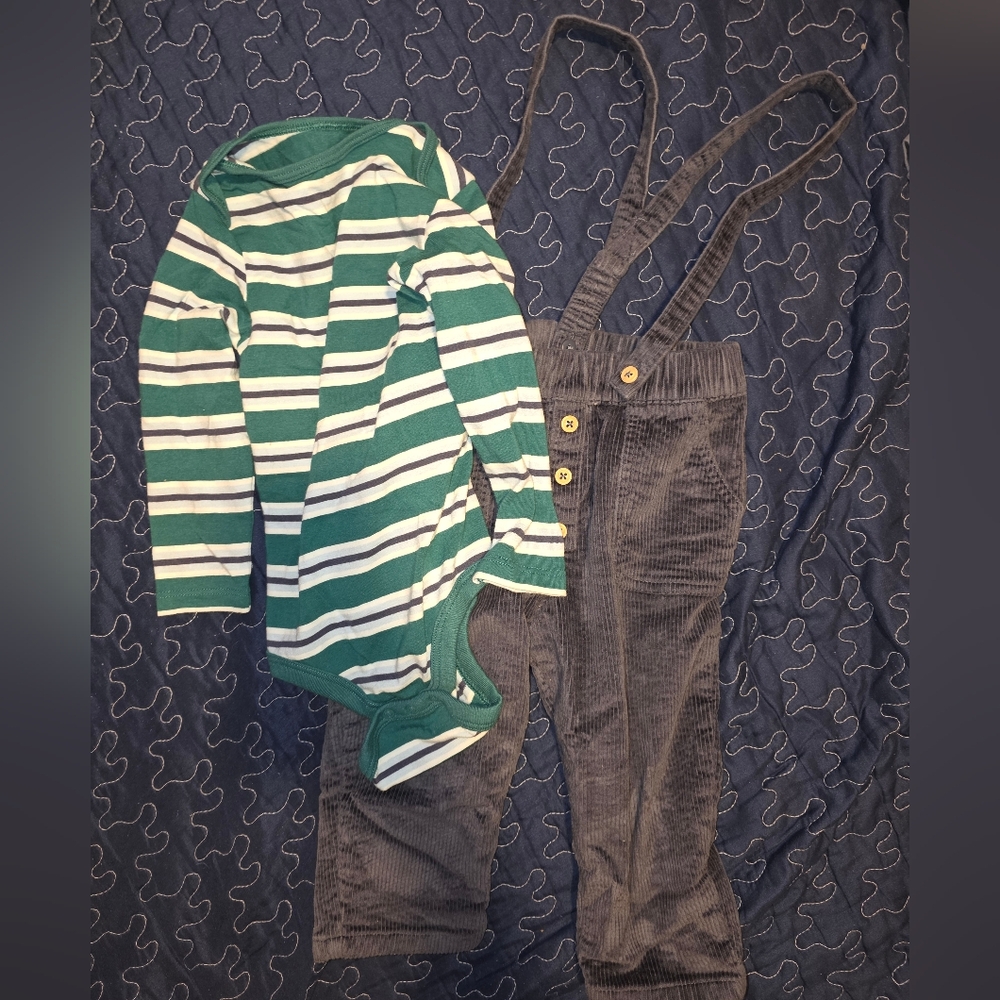 Striped Green and White Onesie with Brown Corduroy Pants
